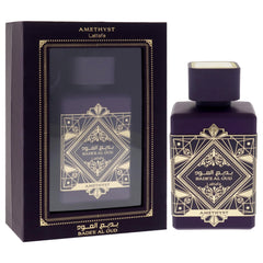 Lattafa Bade'e Al Oud Amethyst cap close-up, premium oud and vanilla note hints.