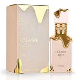 Lattafa Eclaire bottle front view, ideal for versatile daytime wear and casual elegance.