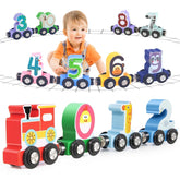 Lauon wooden magnetic train track with animal designs for imaginative play.