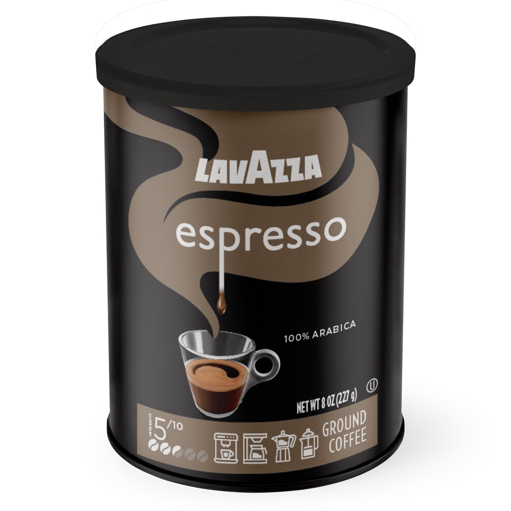Lavazza Espresso Ground Coffee 8 oz tin front view for rich espresso.