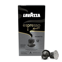 Closeup of Lavazza Espresso Maestro Ristretto capsules highlighting premium aluminum design.