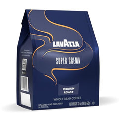Lavazza Super Crema coffee beans close-up showing hazelnut aroma and brown sugar notes.
