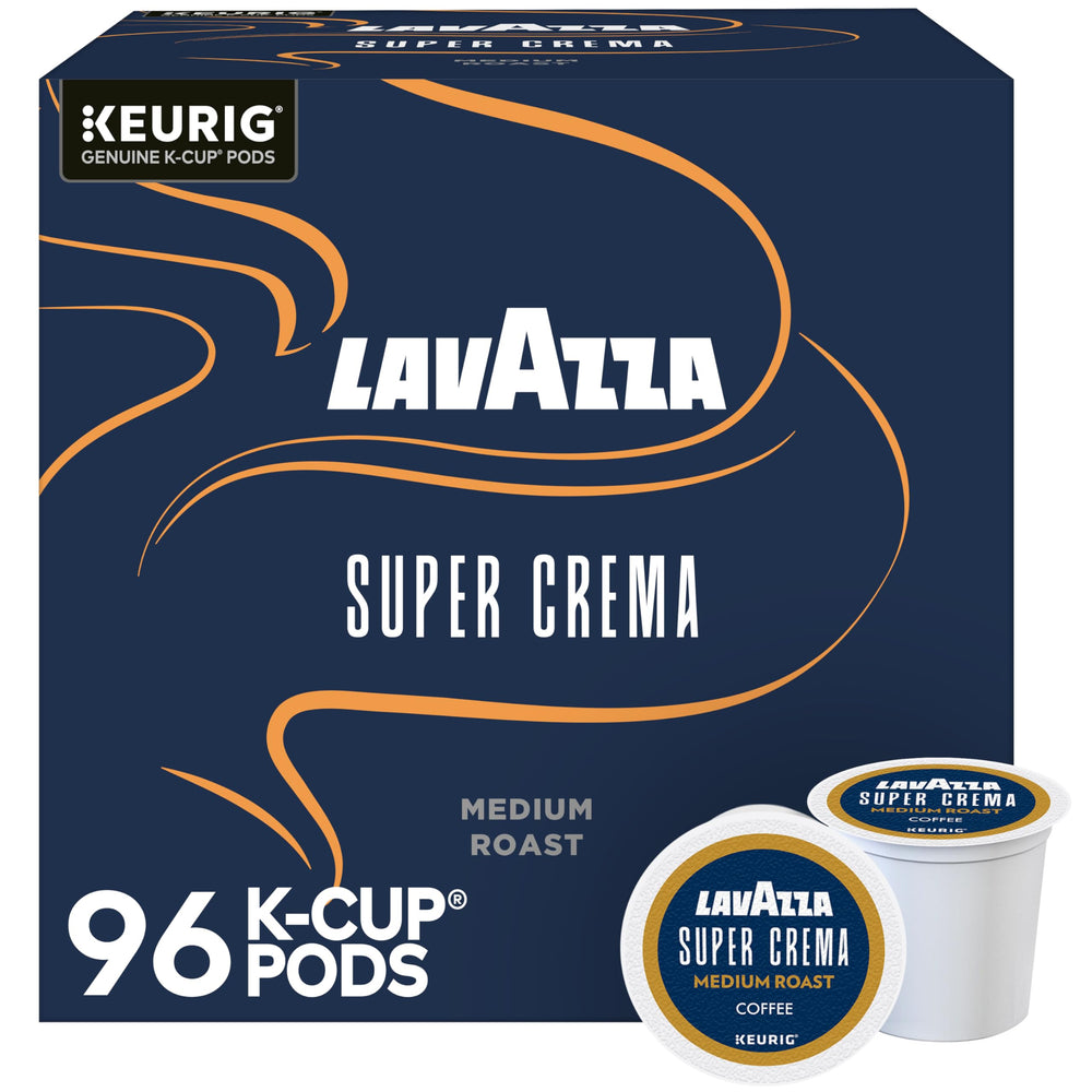 Lavazza Super Crema K-Cup pods in a box for easy, at-home espresso.