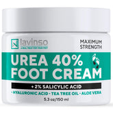 LV Lavinso Urea Cream 40% bottle closeup highlights rich hydration for dry feet.