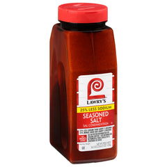 Lawry's 25% Less Sodium Seasoned Salt bottle front, family-size container for everyday cooking.