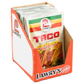 Lawry's Taco Spices bottle top view emphasizes bold flavor for quick taco nights