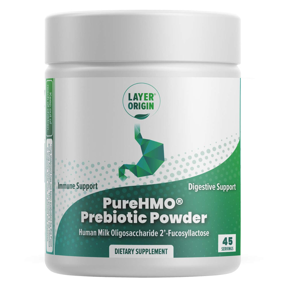 Layer Origin PureHMO 2'-FL powder bottle demonstrates daily gut-friendly prebiotic support.