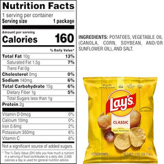Lay's Classic Chips potato-oil-salt ingredients highlight simple flavor.