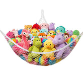 Lazebox stuffed animal net hammock shown in a corner display, freeing floor space.
