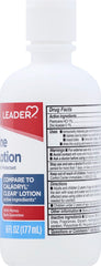 Leader Calamine Clear Lotion 6-ounce bottle ready for at-home use.