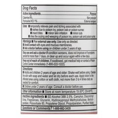Leader Calamine Lotion label close-up highlighting zinc oxide and soothing formula.