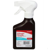 Leader hydrogen peroxide 3% bottle shown for gentle wound cleansing and general disinfection
