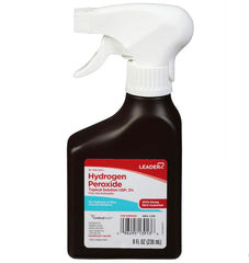 Leader hydrogen peroxide 3% bottle shown for gentle wound cleansing and general disinfection