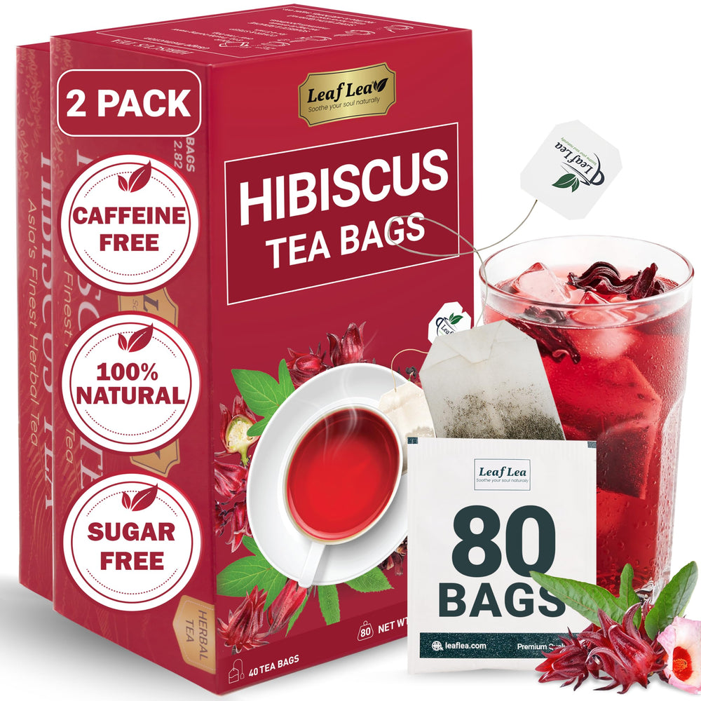 LeafLea hibiscus tea bags pack 2 for convenient, caffeine-free refreshment.