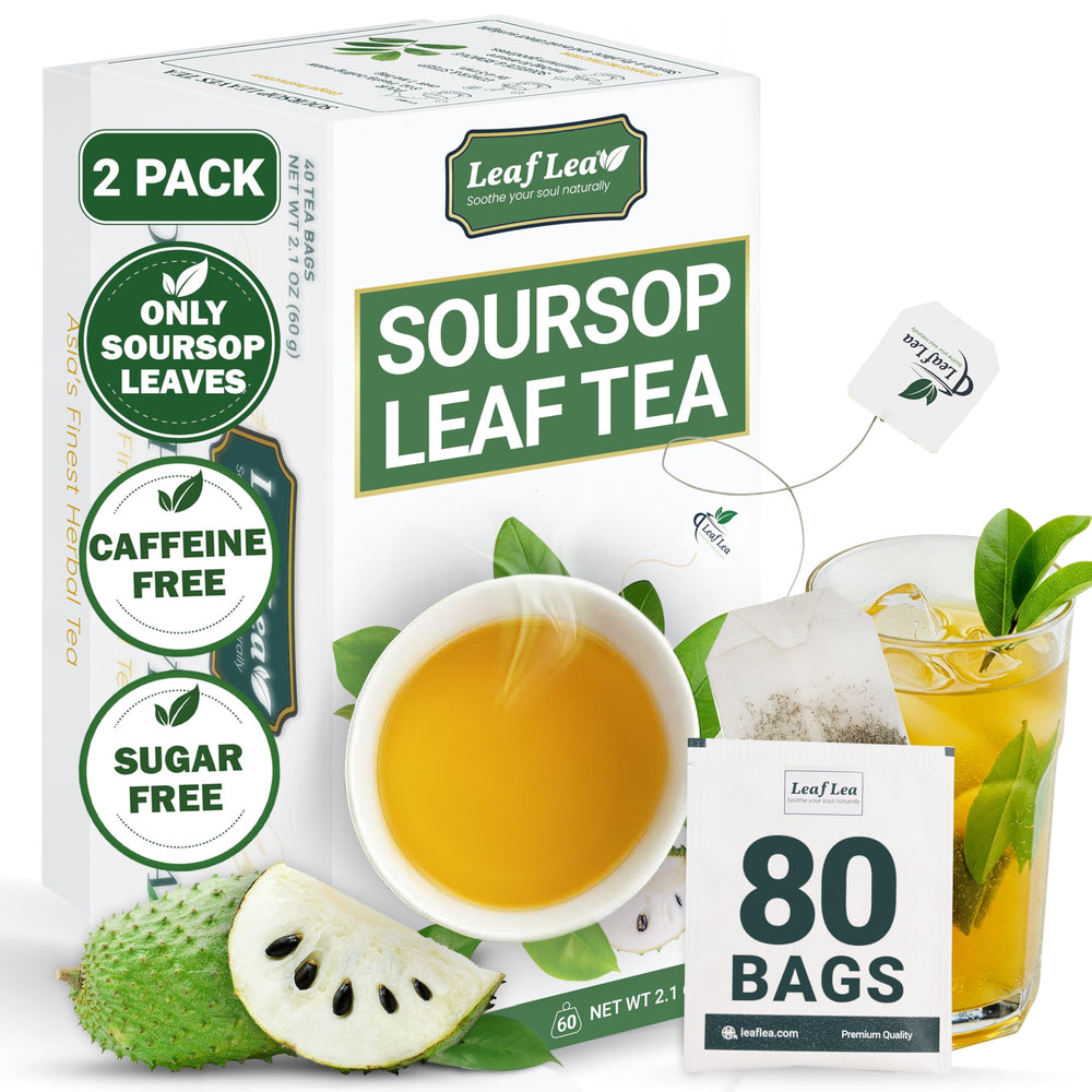 LeafLea Soursop leaf tea bag ready for a soothing caffeine-free cup.