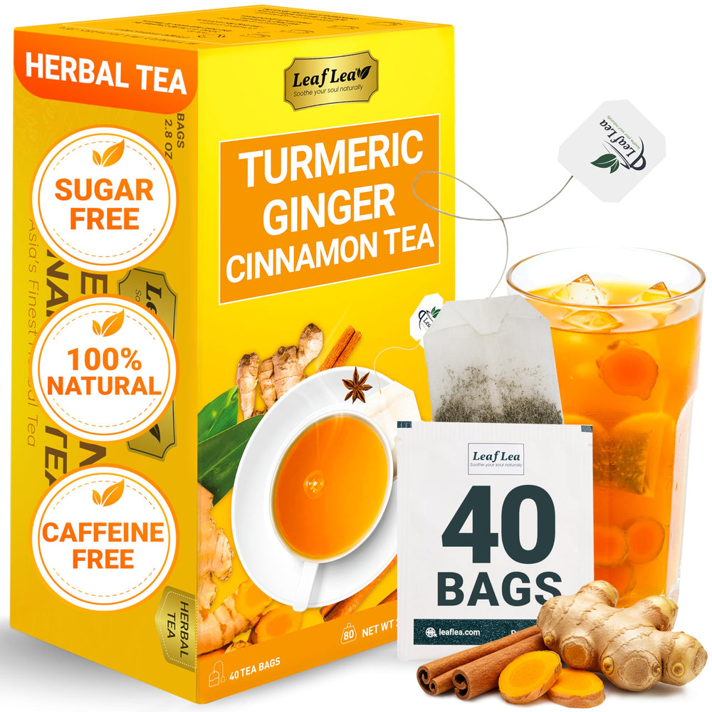 LeafLea turmeric ginger cinnamon tea bags in packaging highlighting natural ingredients