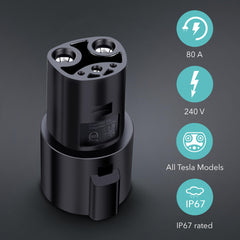 Lectron J1772 to Tesla adapter designed for outdoor use with IP67 weatherproof rating.