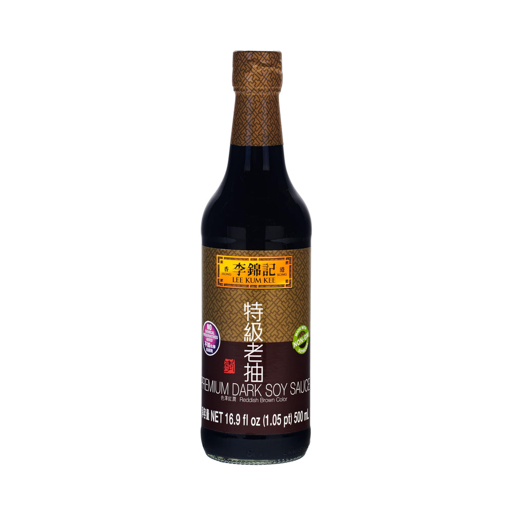 Lee Kum Kee Premium Dark Soy Sauce bottle pour adds deep color for braises.