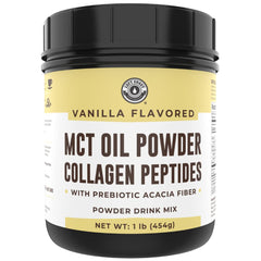 Left Coast Performance MCT Oil Powder bottle highlighting clean energy and collagen boost.