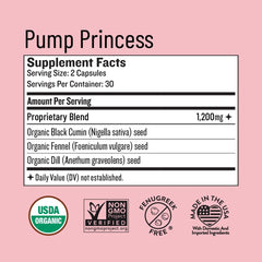 Legendairy Milk Pump Princess bottle back with ingredients highlights and fenugreek-free formula.