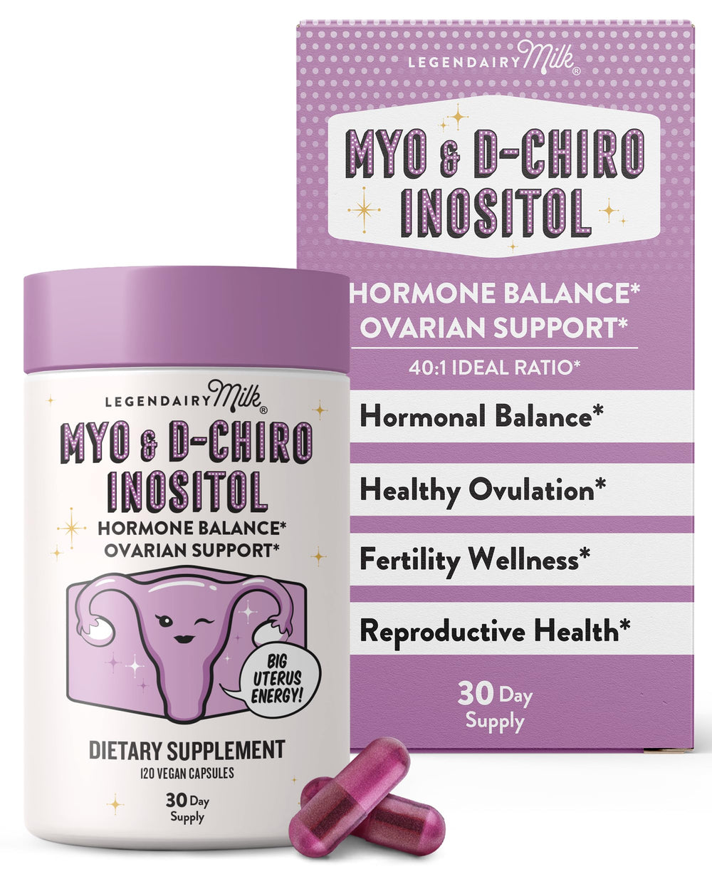 Legendairy Milk bottle front shows the inositol formula for daily hormone balance.