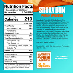 Legendary Foods Cinnamon Roll bar wrapper close-up; gluten-free, zero sugar.