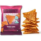 Legendary Foods Tangy BBQ Protein Chips bag front, a high-protein snack for workouts.