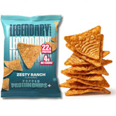 Legendary Foods zesty ranch protein chips in bag, post-workout snack with 22g protein