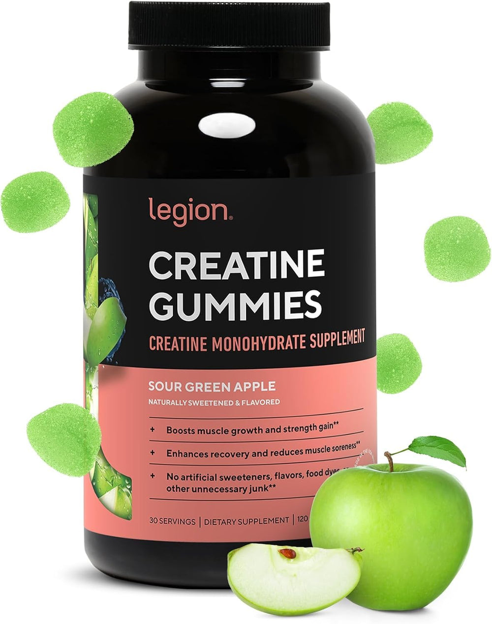 LEGION Creatine Monohydrate Gummies serving pack supports on-the-go performance with sour green apple flavor.