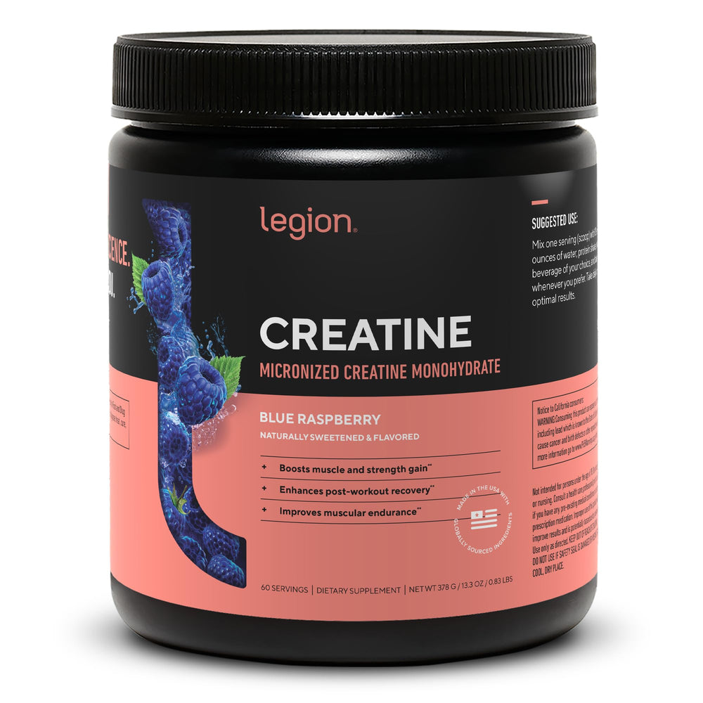 LEGION micronized creatine monohydrate blue raspberry tub for easy, effective daily fueling.