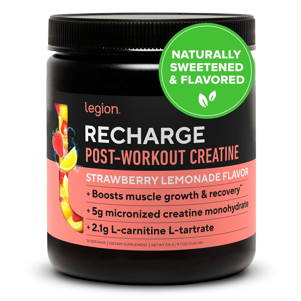 LEGION Recharge Strawberry Lemonade tub—clear label and clean ingredients for post-workout support.