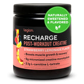 LEGION Recharge Strawberry Lemonade tub—clear label and clean ingredients for post-workout support.