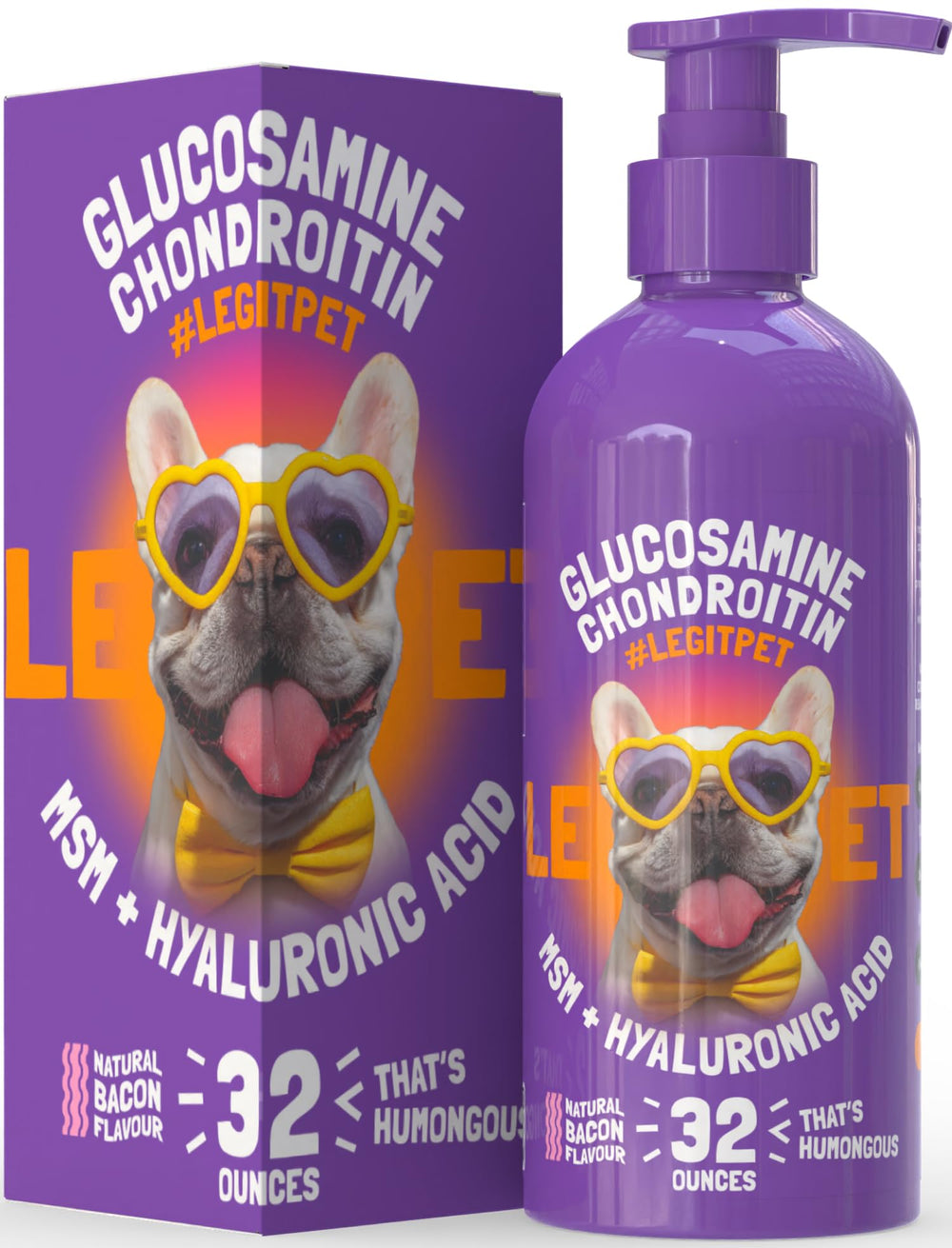 LEGITPET bacon-flavored liquid glucosamine bottle pour supports easy daily dosing for dogs.