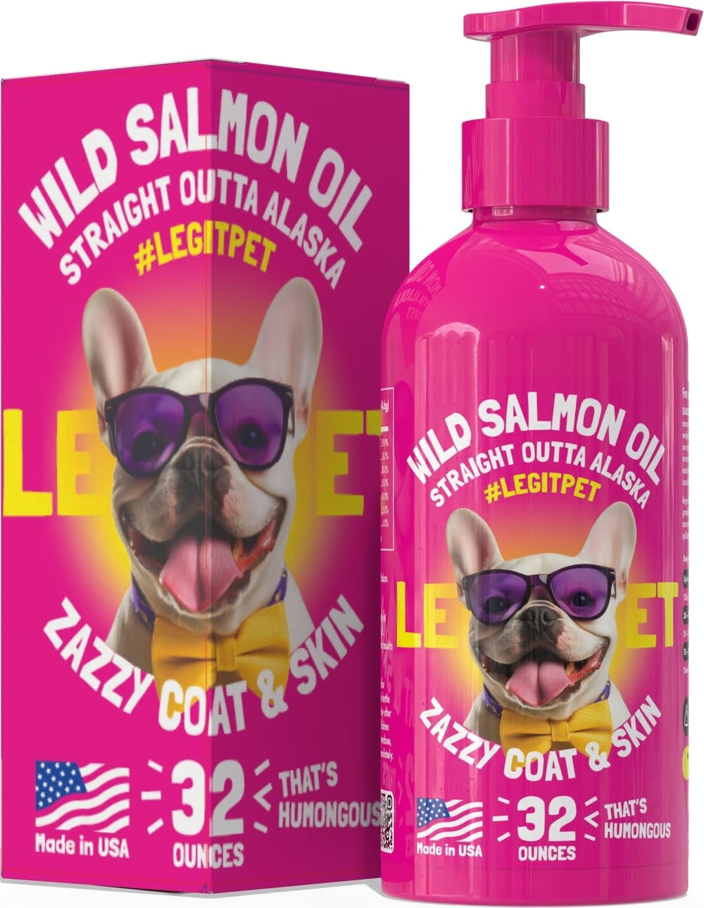 LEGITPET Wild Alaskan Salmon Oil bottle-pour shows simple dosing for dogs and cats.