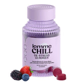 Lemme Chill bottle front shows gluten-free stress-relief gummies for calmer days.
