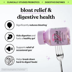 Lemme Debloat capsules inside the bottle show probiotics and enzymes for digestion support.