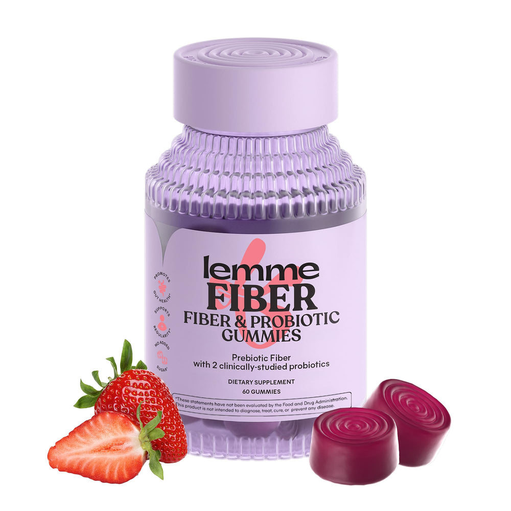 Lemme Fiber & Probiotic Gummies bottle highlighting digestive health and regularity.