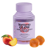 Lemme Glow collagen gummies peach flavor packaging highlighting hair, skin, and nail support.