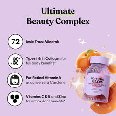 Lemme Glow ingredient panel shows trace minerals for overall skin and hair health.