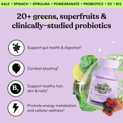 Lemme Greens gummies close-up highlights the berry texture and easy daily supplementation.