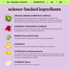 Lemme Greens ingredients spotlight with kale, wheatgrass, and spirulina for balanced nutrition.