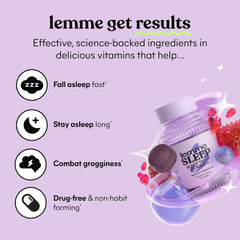 Lemme Sleep bottle closeup showing gummies for a smooth bedtime ritual.