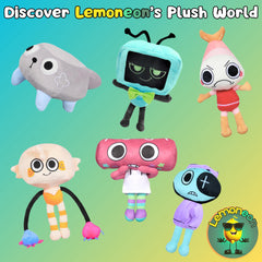 Lemoneon Vee plush on desk or shelf display.