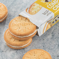 Lenny & Larry's The Complete Cremes Vanilla cookies pack shows six cookies per box, ideal snack.