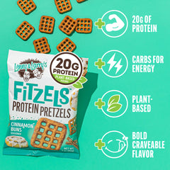 Lenny & Larry’s FITZELS Cinnamon Buns on-the-go pack highlighting 20g plant-based protein.