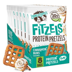 Lenny & Larry’s FITZELS Cinnamon Buns pack shows high-protein vegan pretzels for busy days.