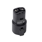 LENZ J1772 to Tesla adapter close-up showing compact travel-friendly design.