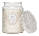 LEOBEN Amber Saffron embossed jar close-up for elegant mood setting.