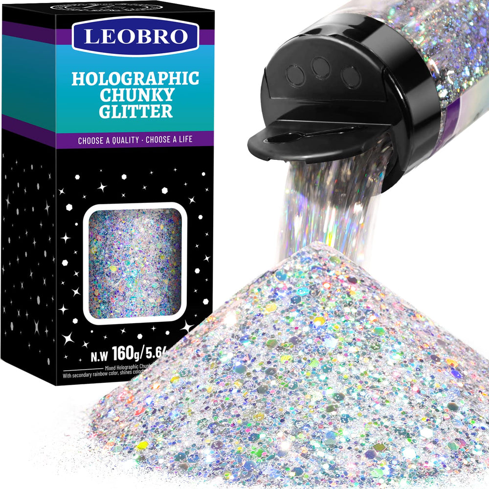 LEOBRO silver glitter jar with holographic shine for resin crafts.