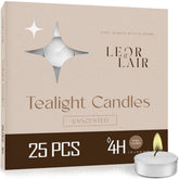 Leor and Lair 25-pack tea lights in a glass holder for warm, steady glow.